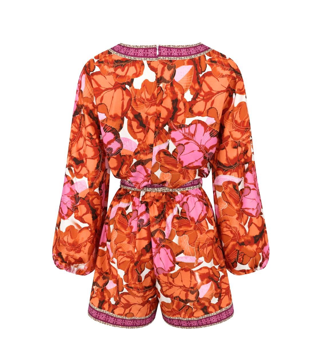 Orange Floral Balloon Sleeve Wrap Romper
