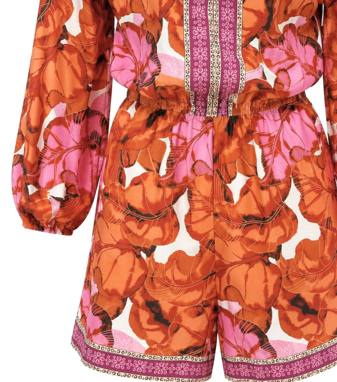Orange Floral Balloon Sleeve Wrap Romper