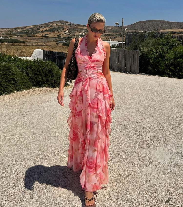 Plus Size Pink Flower-dyed Halter Neck One Piece Swimsuit and Skirt