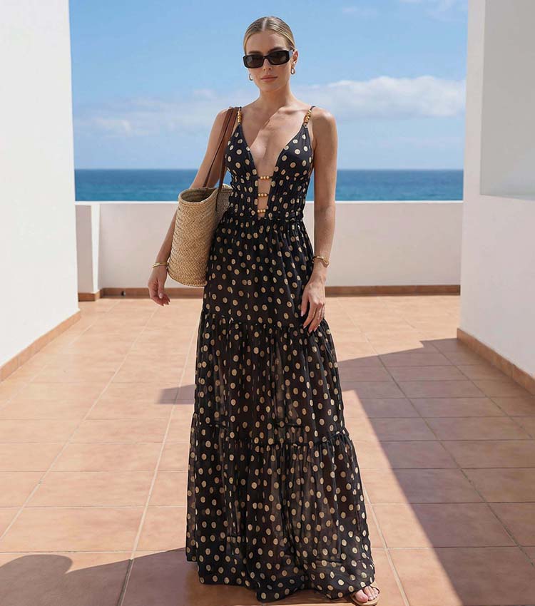 Plus Size Black and Gold Polka Dots V-neck One Piece Swimsuit and Skirt