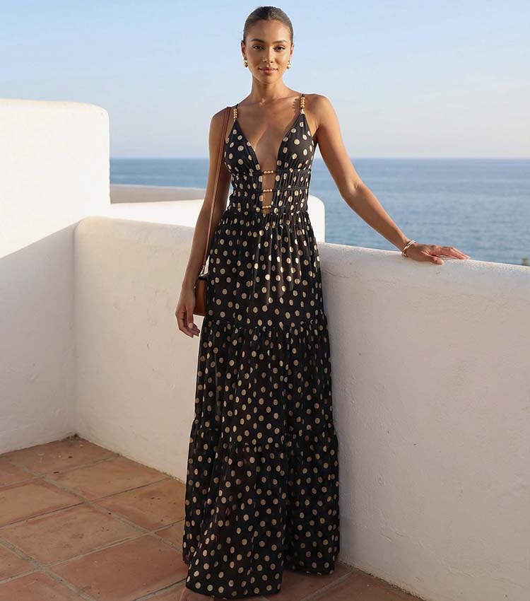 Plus Size Black and Gold Polka Dots V-neck One Piece Swimsuit and Skirt