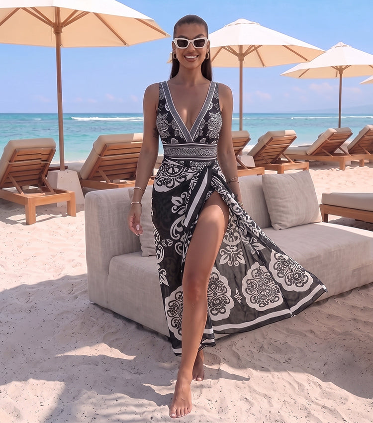 V Neck Black Retro Printed Swimsuit Set(s)