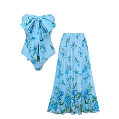 Plus Size Two Ways Bowknot Floral Printed One Piece Swimsuit and Skirt