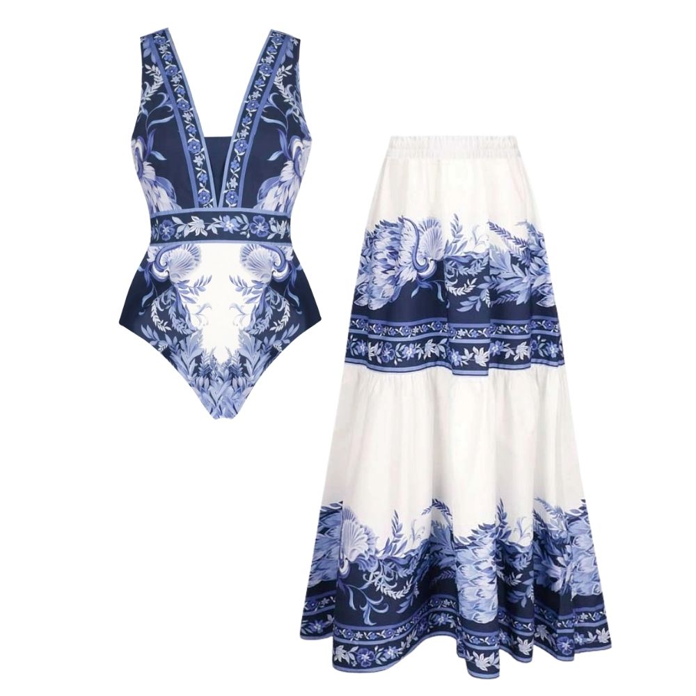 Blue and White Porcelain Print V Neck One Piece Swimsuit and Skirt