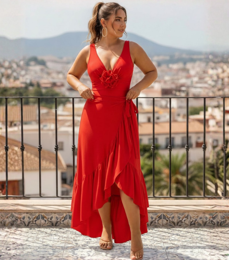 Plus Size Detachable 3D Flower Red One Piece Swimsuit and Skirt Flaxmaker