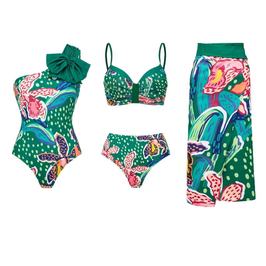 Tropic Printed One Shoulder One Piece Swimsuit and Sarong Flaxmaker