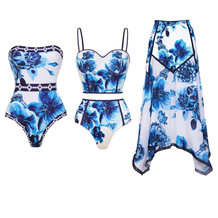 Floral Series Pattern Print One Piece Swimsuit and Skirt