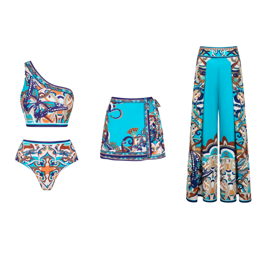 Butterfly and Dragonfly One Shoulder Hollow Print Bikini Swimsuit and Skirt
